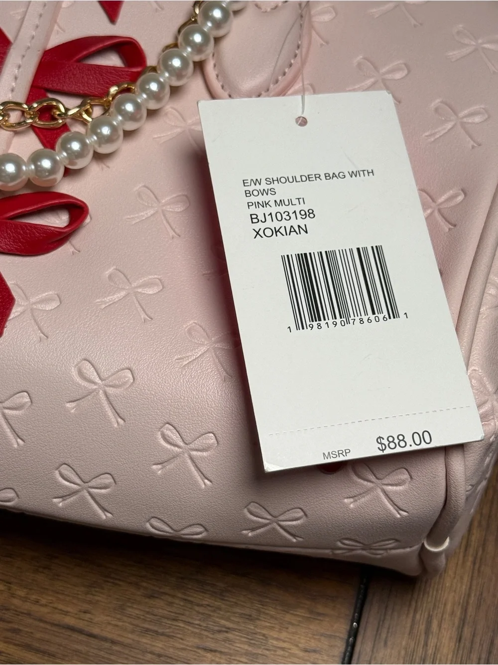 Betsey Johnson Pink Bow Shoulder Bag Pearl Chain Charm Zip Lined Inner Pockets